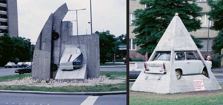 Zwei Beton-Cadillacs in Form der nackten Maja“ am Rathenauplatz, Berlin, und Gegendenkmal © Stiftung Stadtmuseum Berlin | Fotos: Archiv Rolf Goetze, 1987